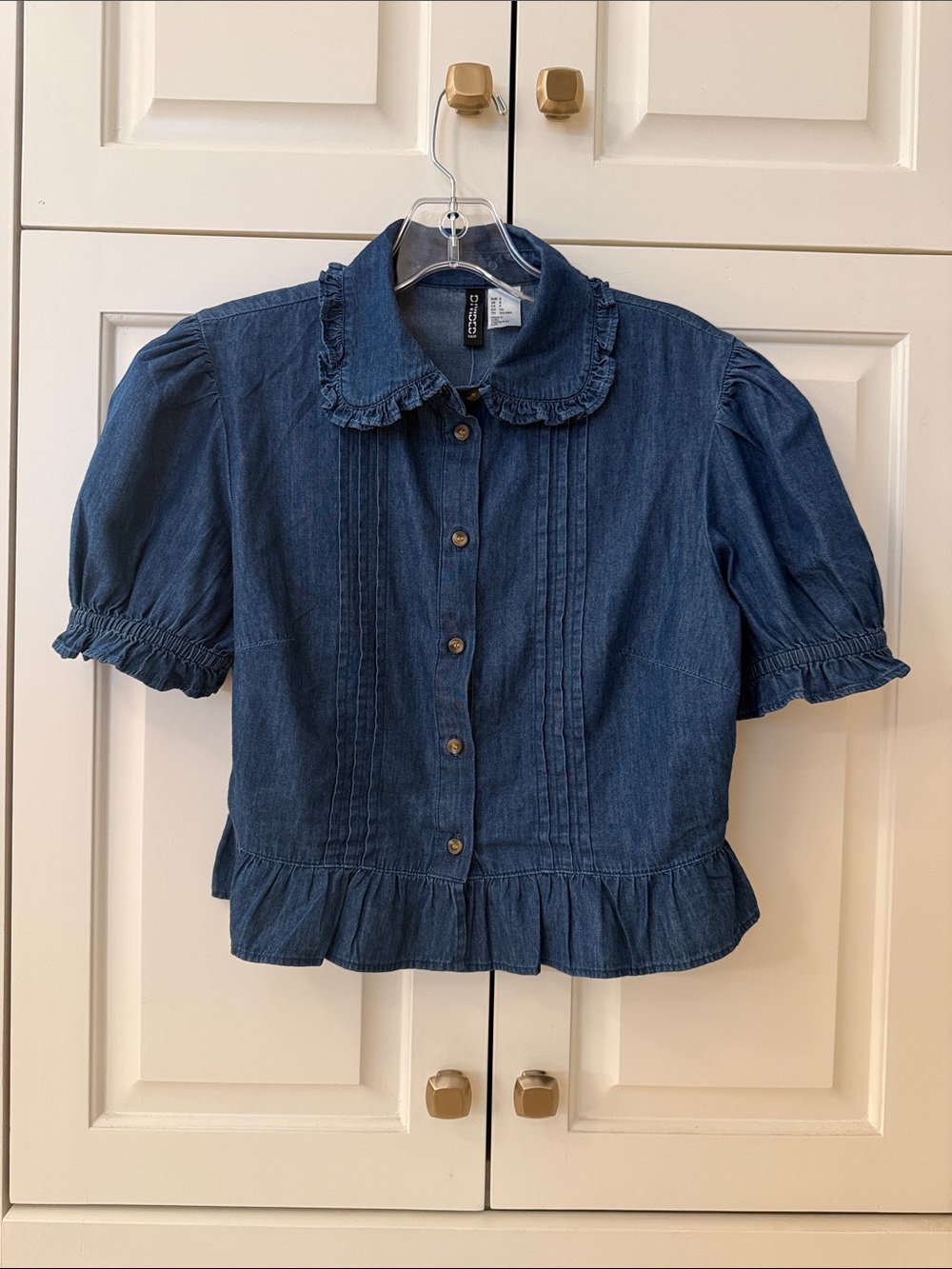 H&M Chambray Button-Front Ruffle Peplum Top - Blue